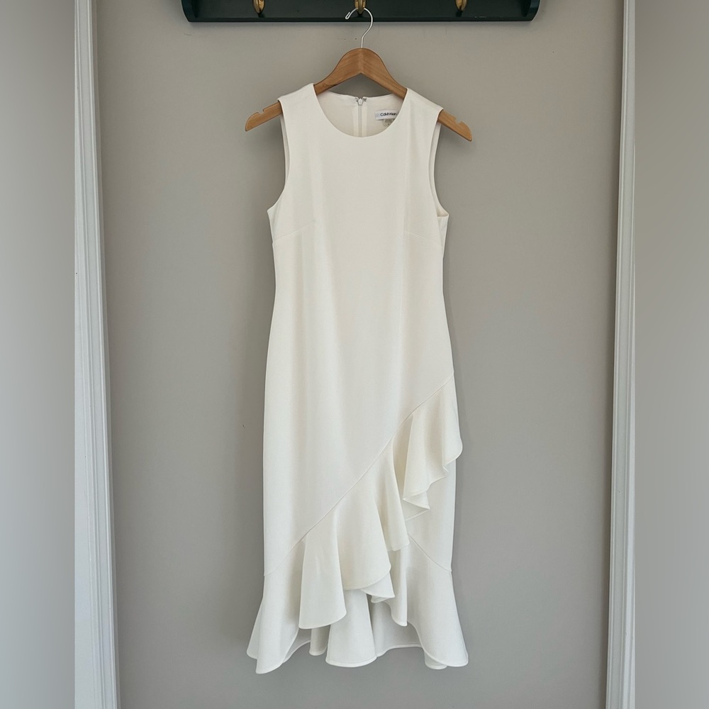 White Calvin Klein bridal shower rehearsal dinner sleeveless dress asymmetrical